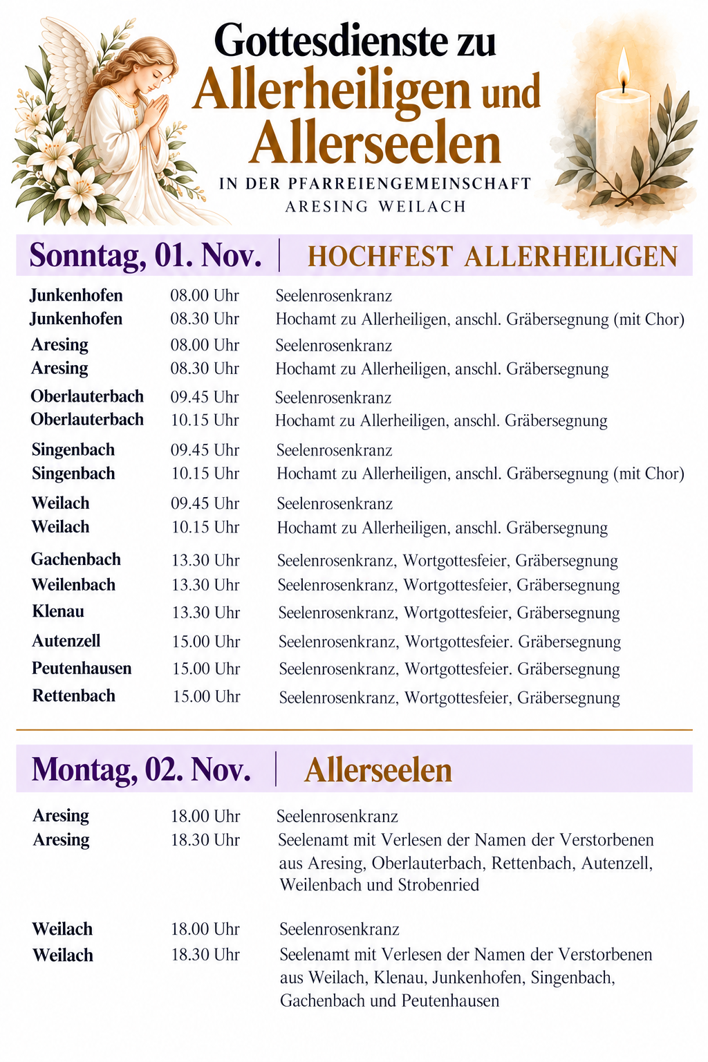 Gottesdienste zu Allerheiligen und Allerseelen